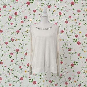 JCP LONG SLEEVE PULLOVER TOP XL IVORY DECORATIVE NECKLINE